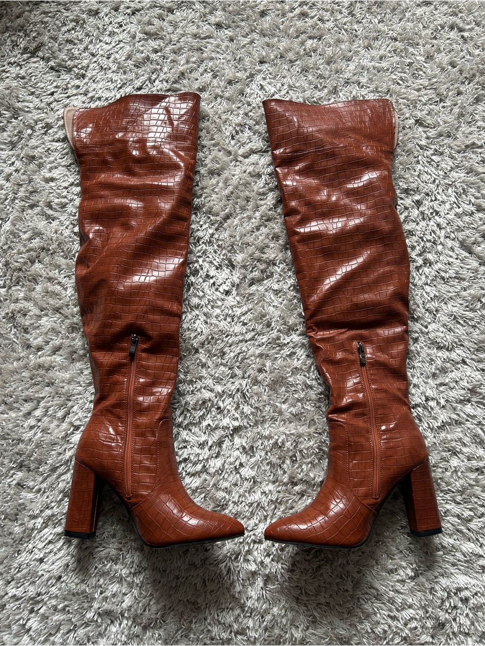 Women's Brown Croc-Embossed Over-the-Knee Boots